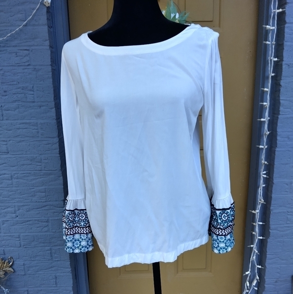 Women's Ann Taylor Loft White Blouse Embroidered Bell Sleeves Size Small Boho - Picture 1 of 3